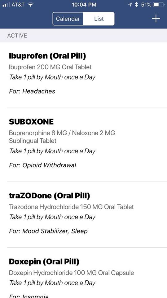 Medication Assisted Treatment App Screenshot Medication History